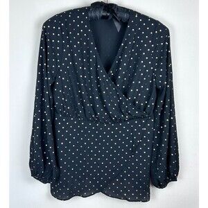 June + Vie Sheer Black Gold Polka Dot Mock Wrap Party Top Shirt Size 12W NEW
